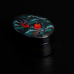 Tiny birds lacquer box hand-painted bullfinches Christmas small gift