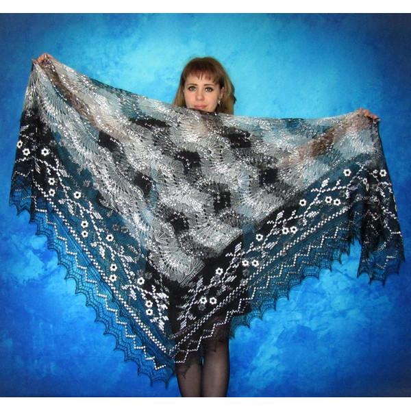 Gray embroidered large Orenburg Russian shawl, Hand knit cover up, Wool wrap, Handmade stole, Warm bridal cape, Kerchief, Big scarf, Pashmina.JPG