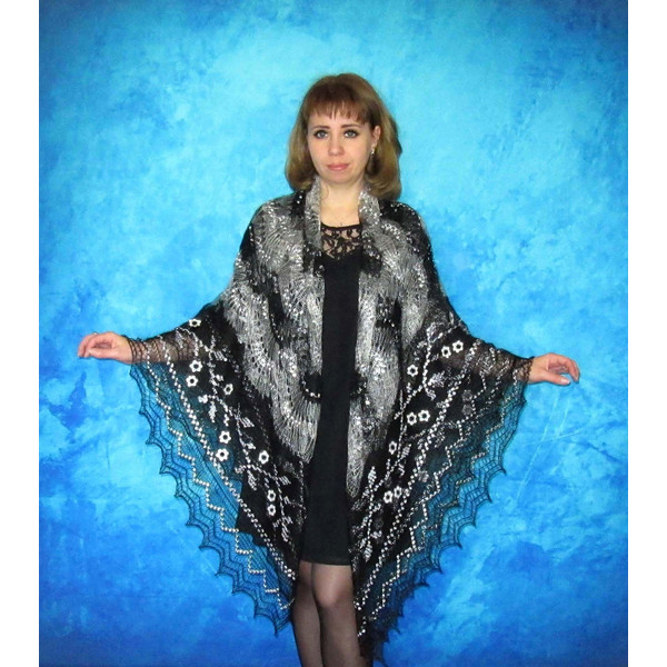 Gray embroidered large Orenburg Russian shawl, Hand knit cover up, Wool wrap, Handmade stole, Warm bridal cape, Kerchief, Big scarf, Pashmina 3.JPG