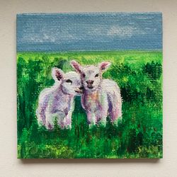 Lambs Small Acrylic Painting On Canvas Magnet, Original Small Canvas Magnet, Lambs Art, Hand Painted Magnet, Farm Animal