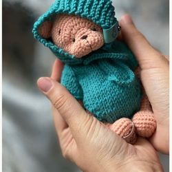 Crochet doll Bear with clothes, Soft toy for sleeping a newborn, a gift for a girl. Newborn props, baby room decor