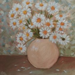 Camomile Original Oil Painting Bouquet In A Vase Artwork Still Life Wall Art Flowers Painting