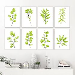 Gallery Wall Prints, Watercolor decor living room, Green Leaves Print Set of 8 Watercolor Leaves Print