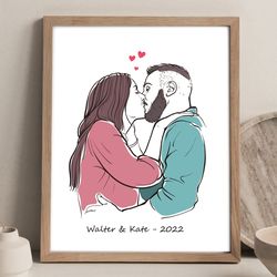 Custom couple portrait Hand-Drawn Illustration Line colour portrait Drawing from photo Gift for wedding or anniversary