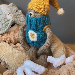 Teddy Bear, Knitted Newborn Toy, Small Hand Crocheted Toy, Newborn Photo, Personalized brown Teddy Bear for Birthday