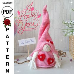 Crochet Pattern Valentine Gnome with hearts