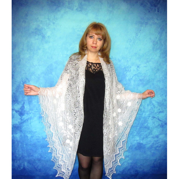 White embroidered Orenburg Russian shawl, Lace wedding shawl, Warm bridal cape, Hand knit cover up, Wool wrap, Handmade stole, Kerchief, Big scarf 4.JPG