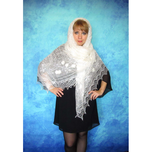 White embroidered Orenburg Russian shawl, Lace wedding shawl, Warm bridal cape, Hand knit cover up, Wool wrap, Handmade stole, Kerchief, Big scarf 6.JPG