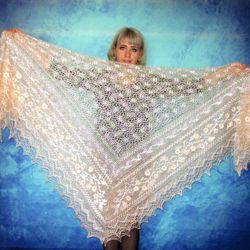 Peach embroidered Orenburg Russian shawl, Wedding stole, Warm bridal cape, Hand knit cover up, Wool wrap, Beige scarf