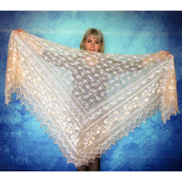 Peach embroidered Orenburg Russian shawl, Wedding shawl, Warm bridal cape, Hand knit cover up, Wool wrap, Handmade stole, Beige kerchief, Big scarf.JPG