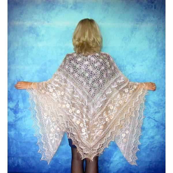 Peach embroidered Orenburg Russian shawl, Wedding shawl, Warm bridal cape, Hand knit cover up, Wool wrap, Handmade stole, Beige kerchief, Big scarf 3.JPG