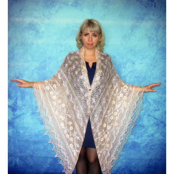 Peach embroidered Orenburg Russian shawl, Wedding shawl, Warm bridal cape, Hand knit cover up, Wool wrap, Handmade stole, Beige kerchief, Big scarf 4.JPG