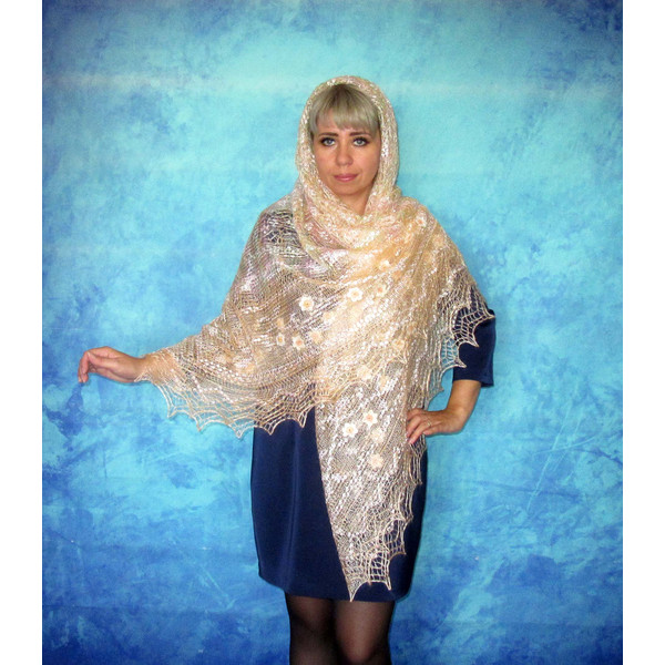 Peach embroidered Orenburg Russian shawl, Wedding shawl, Warm bridal cape, Hand knit cover up, Wool wrap, Handmade stole, Beige kerchief, Big scarf 6.JPG