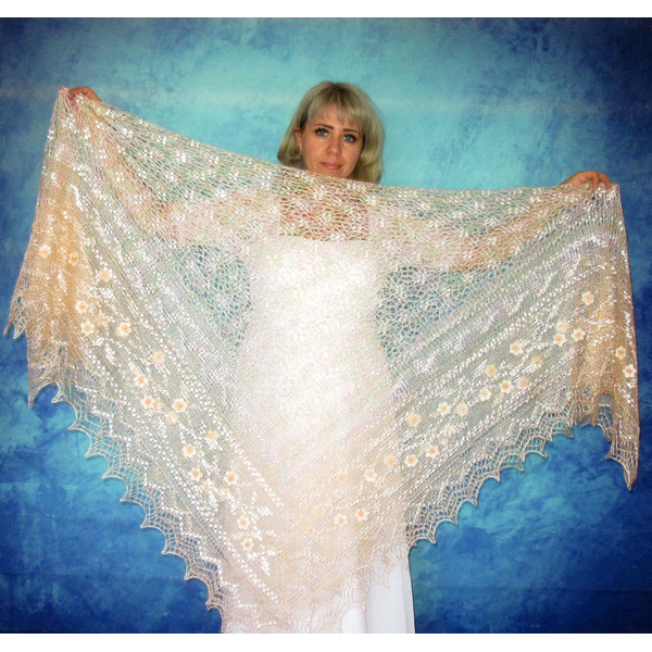 Peach embroidered Orenburg Russian shawl, Wedding shawl, Warm bridal cape, Hand knit cover up, Wool wrap, Handmade stole, Beige kerchief, Big scarf 7.JPG