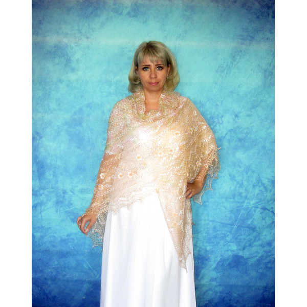 Peach embroidered Orenburg Russian shawl, Wedding shawl, Warm bridal cape, Hand knit cover up, Wool wrap, Handmade stole, Beige kerchief, Big scarf 10.JPG