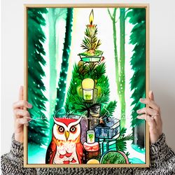 Christmas owl with Christmas tree and gifts in the winter forest poster Printable Journaling Scrapbook