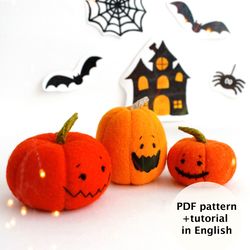 Felt Halloween pumpkins sewing PDF tutorial with patterns, DIY Halloween decor, Halloween felt crafts