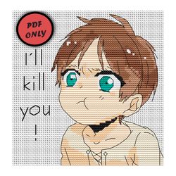 Anime cross stitch pattern Attack on Titan Eren PDF Cute Boy Kill