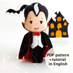Felt vampire Count Dracula hand sewing PDF tutorial with patterns, DIY Halloween decor, Halloween felt crafts