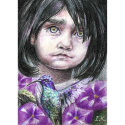Little girl portrait with hummingbird. Original colored pencil drawing 8x6''