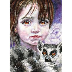 Little girl portrait with lemur. Original colored pencil drawing 8x6''
