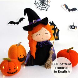 Felt Halloween pumpkins and witch with broomstick hand sewing PDF tutorial with patterns, DIY Halloween decor and crafts
