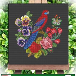 Embroidery scheme Bird and flowers 10 / Vintage Cross Stitch Scheme Flower Basket