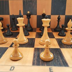 Wooden Russian chessmen set 1960s-1970s - old Soviet wooden chess pieces USSR