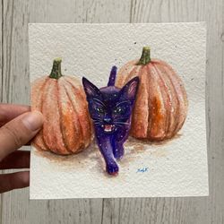 Black Cat Watercolor Painting, Original Cat With Pumpkins Art, Black Cat Painting, Cottagecore Decor, Witchy Art