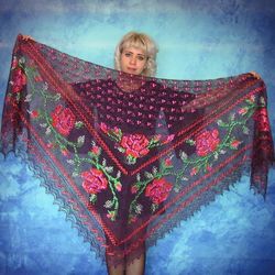 Wine-purple embroidered Orenburg Russian shawl, Wedding shawl, Warm bridal cape, Hand knit cover up, Wool wrap, Stole