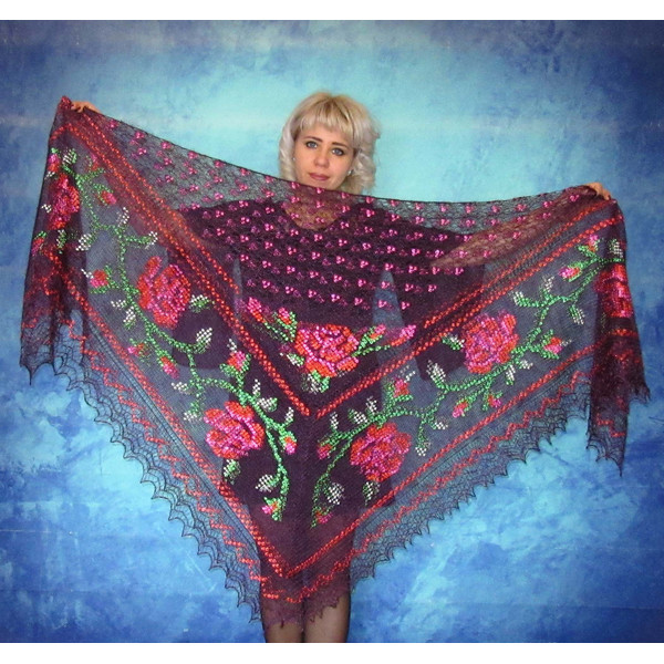Wine-purple embroidered large Orenburg Russian shawl, Hand knit cover up, Wool wrap, Handmade stole, Warm bridal cape, Kerchief, Big scarf.JPG