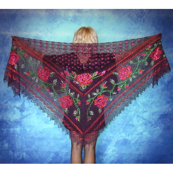 Wine-purple embroidered large Orenburg Russian shawl, Hand knit cover up, Wool wrap, Handmade stole, Warm bridal cape, Kerchief, Big scarf 2.JPG