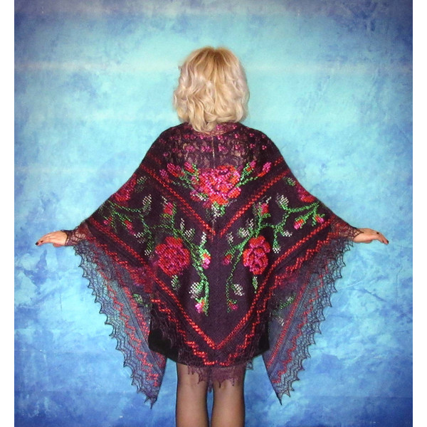 Wine-purple embroidered large Orenburg Russian shawl, Hand knit cover up, Wool wrap, Handmade stole, Warm bridal cape, Kerchief, Big scarf 3.JPG