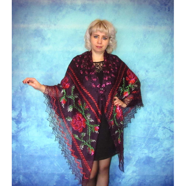 Wine-purple embroidered large Orenburg Russian shawl, Hand knit cover up, Wool wrap, Handmade stole, Warm bridal cape, Kerchief, Big scarf 12.JPG