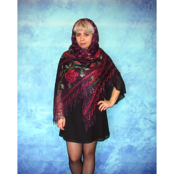 Wine-purple embroidered large Orenburg Russian shawl, Hand knit cover up, Wool wrap, Handmade stole, Warm bridal cape, Kerchief, Big scarf 6.JPG