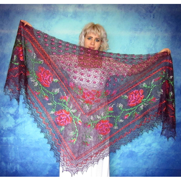 Wine-purple embroidered large Orenburg Russian shawl, Hand knit cover up, Wool wrap, Handmade stole, Warm bridal cape, Kerchief, Big scarf 7.JPG