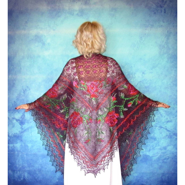 Wine-purple embroidered large Orenburg Russian shawl, Hand knit cover up, Wool wrap, Handmade stole, Warm bridal cape, Kerchief, Big scarf 8.JPG