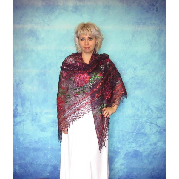 Wine-purple embroidered large Orenburg Russian shawl, Hand knit cover up, Wool wrap, Handmade stole, Warm bridal cape, Kerchief, Big scarf 13.JPG