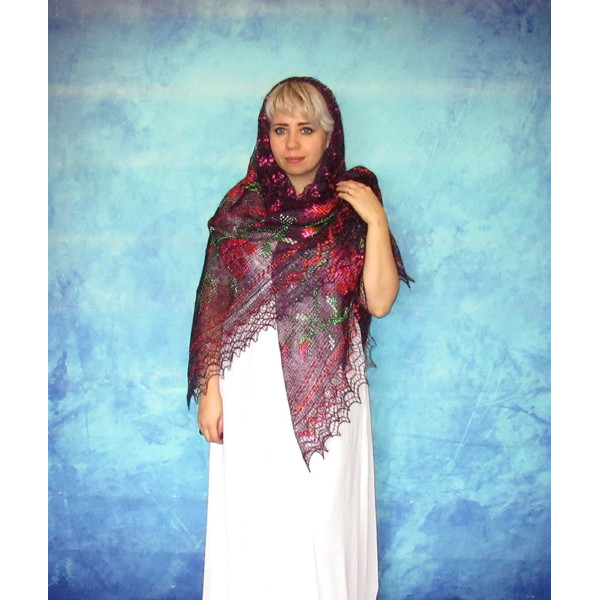 Wine-purple embroidered large Orenburg Russian shawl, Hand knit cover up, Wool wrap, Handmade stole, Warm bridal cape, Kerchief, Big scarf 14.JPG