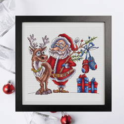 Santa cross stitch pattern PDF, Santa with deer, deer cross stitch, christmas cross stitch, funny cross stitch pattern