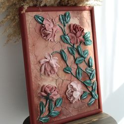 Roses painting, original floral plaster sculpture, plaster flowers, impasto painting, palette knife flowers.