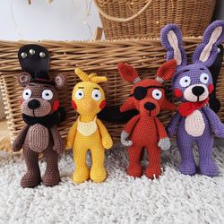 5 Night's at Freddy Amigurumi set crochet pattern. Amigurumi Teddy bear, Bunny, Chick , Fox pattern