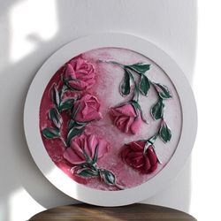 Roses painting, plaster flower art, palette knife painting, floral bas relief, wall sculpture.