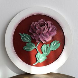 3D peony, original floral plaster sculpture, plaster flower art, palette knife painting, gift idea for her.