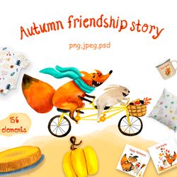 Watercolor fox rabbit autumn clipart, Thanksgiving characters, fox and bunny friendship story, patterns, cards, fall