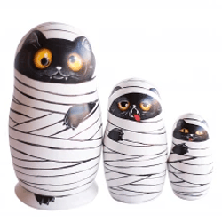 Halloween nesting dolls funny mummy Fall stacking toy cute black cat vampire Wooden painted collectible Holiday decor