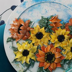 Sunflowers painting, plaster flower art, textured flowers piece, impasto painting.