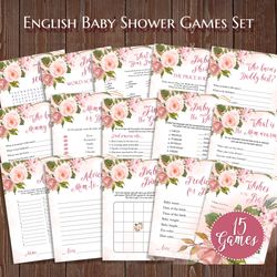 floral baby shower games bundle, baby shower theme party, baby games, wishes for baby, scramble, advice printable