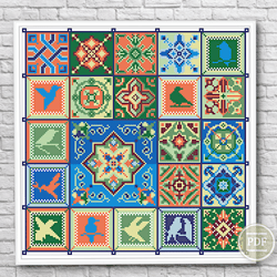 Sampler Geometric Cross Stitch Ethnic Pattern Oriental Squares With Birds Cross Stitch For Pillowcase PDF Digital 237