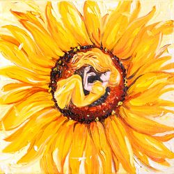 Sunflower Oil Painting Sunflower Flower Original Art Woman and Sunflower Textured Artwork on Canvas. MADE TO ORDER